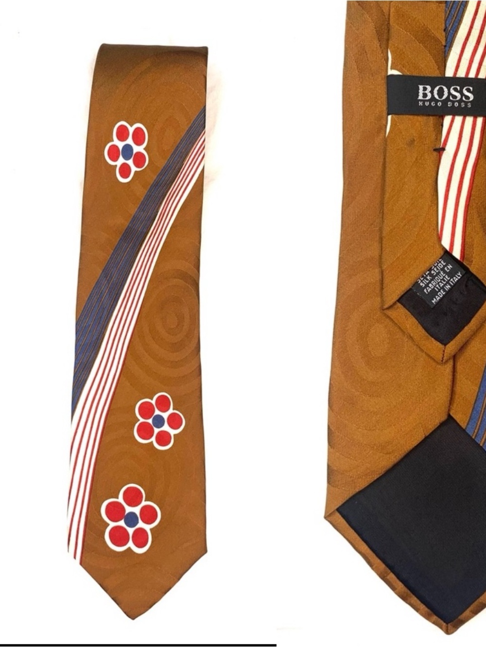 Hugo‎ Boss retro print silk tie- luxury Made In Italy stripe and floral